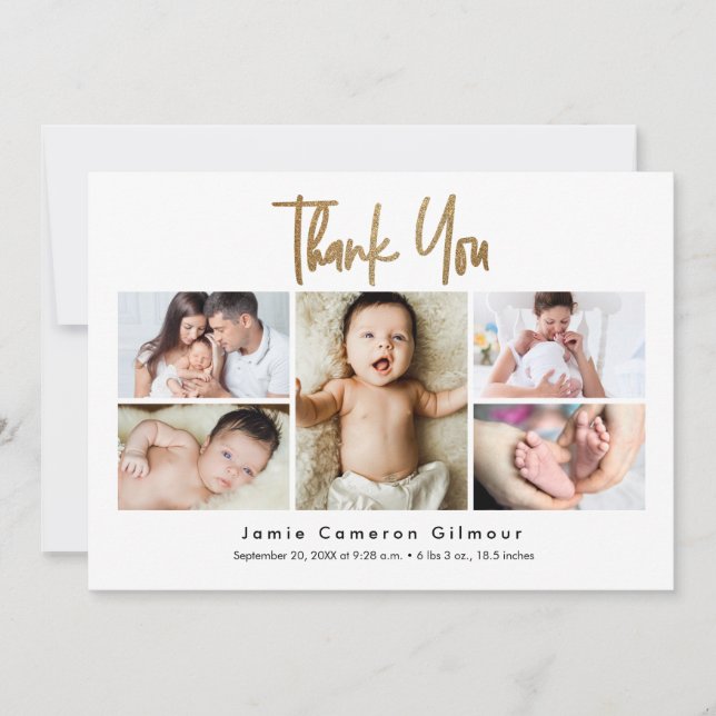 Modern Multi-Photo Newborn Baby Name Birth stats Thank You Card (Front)