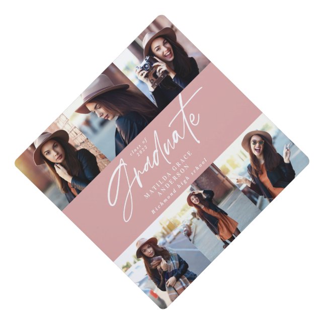 Modern multi photo pink girly elegant script graduation cap topper (Front)