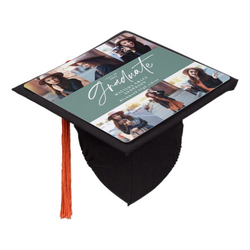 Modern multi photo sage green elegant script graduation cap topper