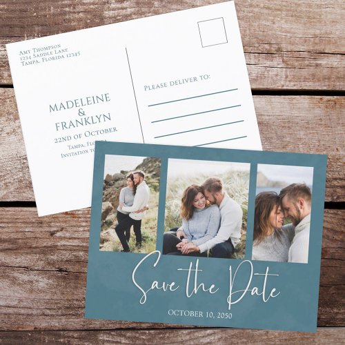 Modern Multi Photo Simple Blue Calligraphy Script Postcard