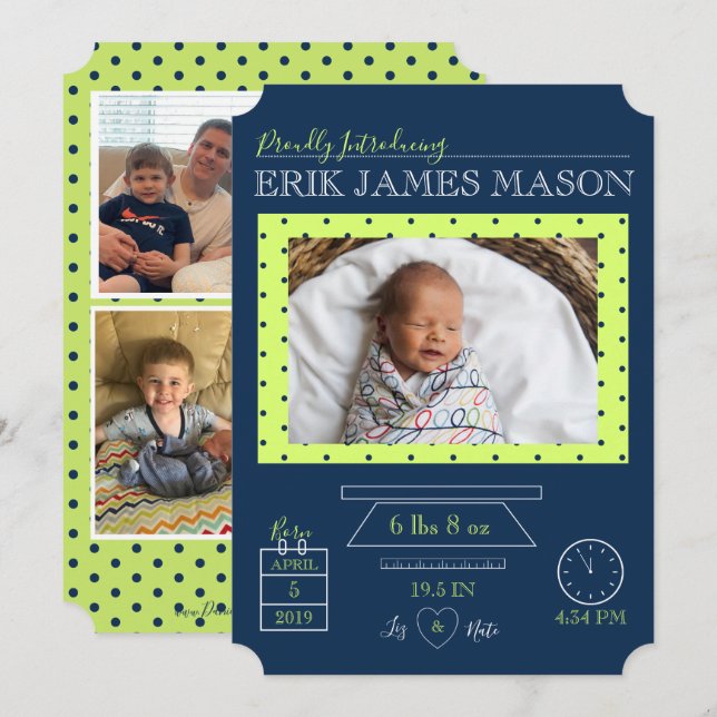Modern Multi Photo Simple Elegant Newborn Boy Stat Invitation (Front/Back)