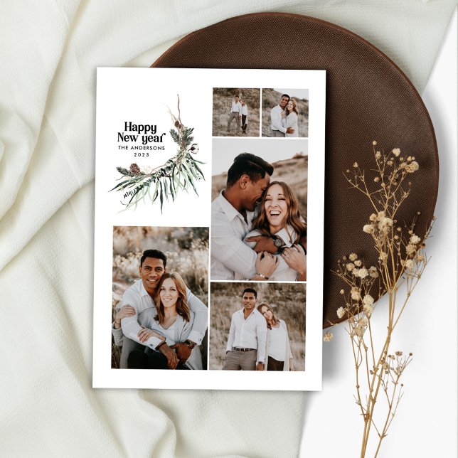 Modern multi photo watercolor botanical new year holiday card (Creator Uploaded)