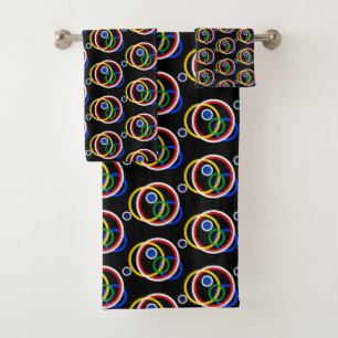 Modern Multicolor Abstract Circles on Black Bath Towel Set