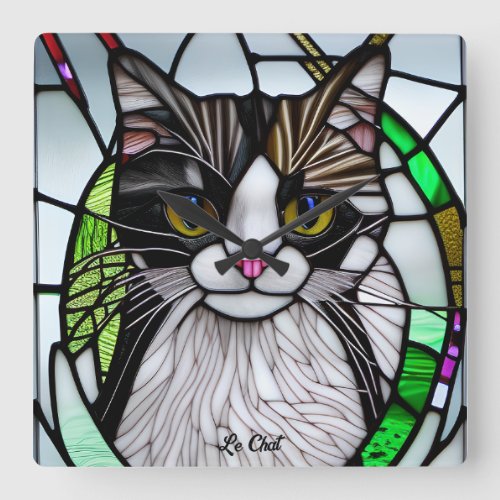 Modern Multicolor Stained Glass Cat Square Wall Clock