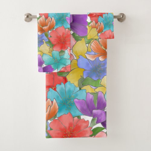 Modern Multicolor Watercolor Floral Bath Towel Set