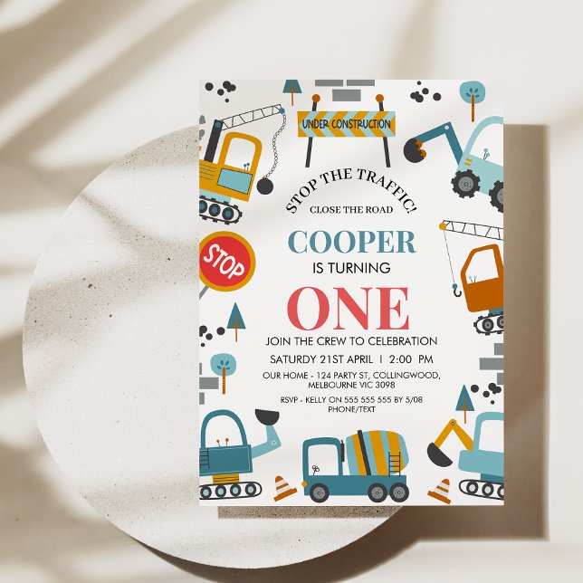 Modern Multicolored Boy Construction 1st Birthday  Invitation (Construction 1st Birthday Invitation Template, Multicolored Stop The Traffic Construction Invitation)