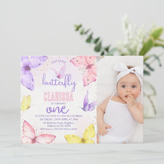 Modern Multicolored Photo Butterfly 1st Birthday  Invitation (Standing Front)