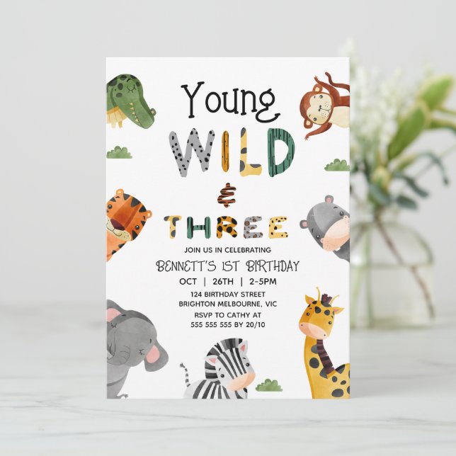 Modern Multicolored Safari Wild and Three Birthday Invitation (Standing Front)