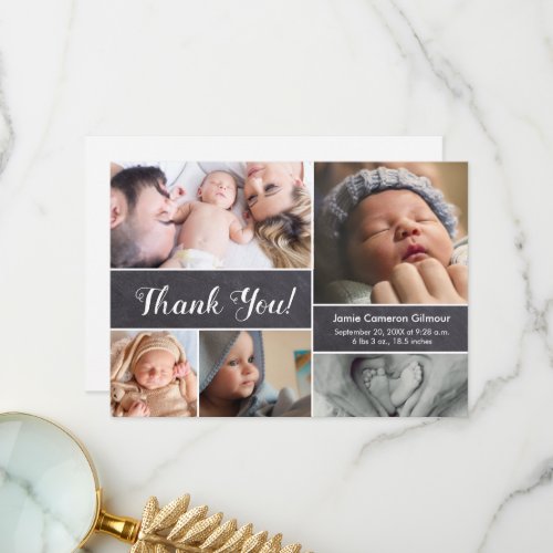 Modern Multiple Photos Chalkboard Baby boy Shower  Thank You Card