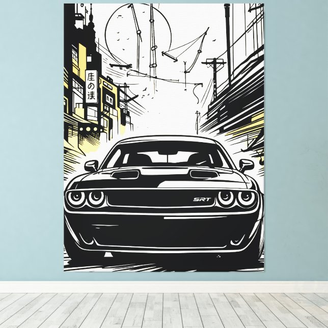 Modern Muscle Car Front Pop Art Illustration Print (Insitu(Wood Floor))