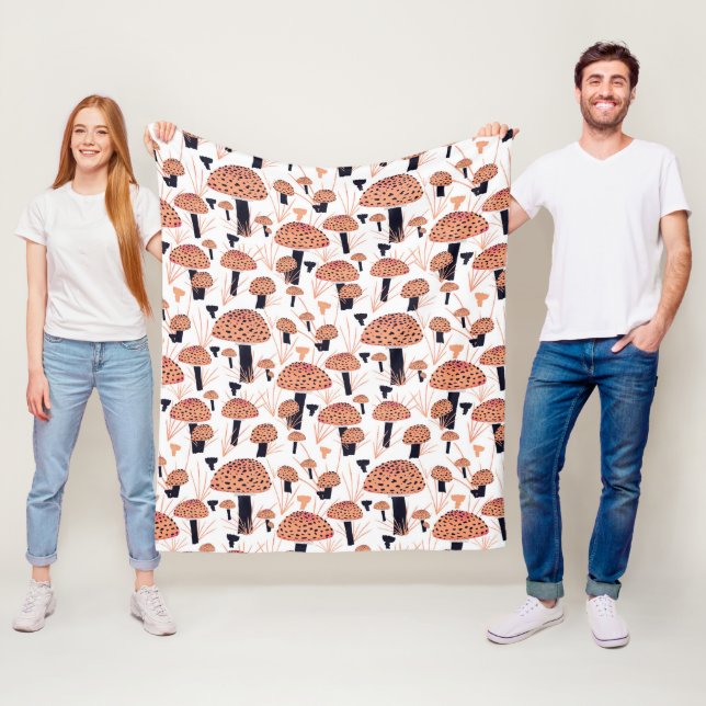 Modern Mushroom Pattern Drawing Orange Black Fall  Fleece Blanket (In Situ)
