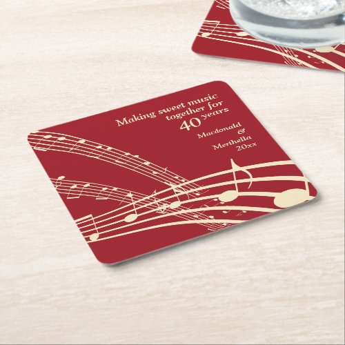 Modern MUSIC 40th Ruby Wedding Anniversary  Square Paper Coaster