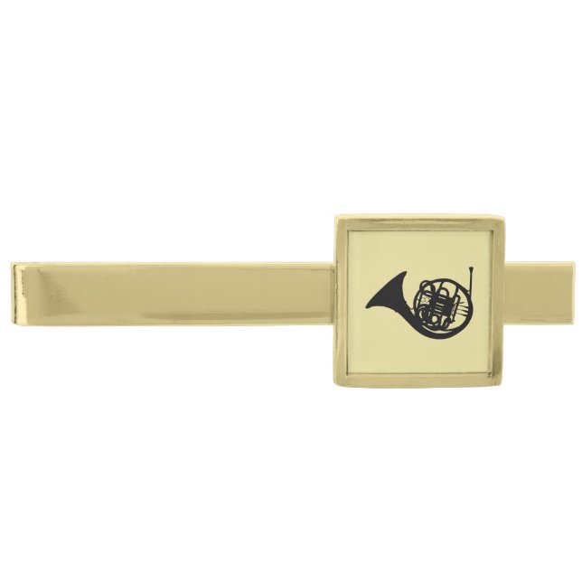 Modern Music Black French Horn on Light Gold Finish Tie Bar (Front)