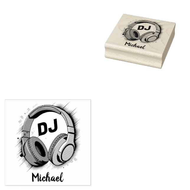 Modern Music DJ Headphones Personalized Name  Rubber Stamp (Stamped)