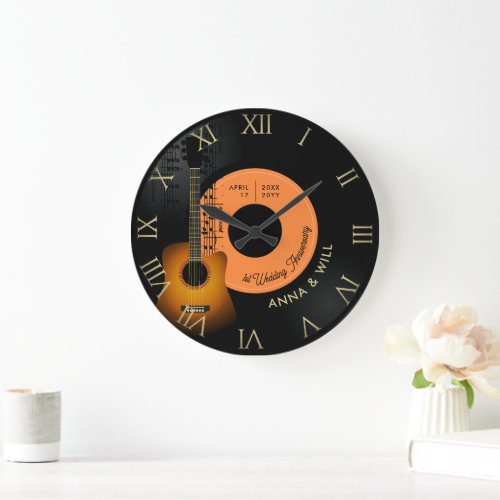 Modern Music Guitar Vinyl 1st Wedding Anniversary Large Clock