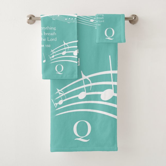 Modern Music Notes Teal Monogram  Bath Towel Set (Insitu)