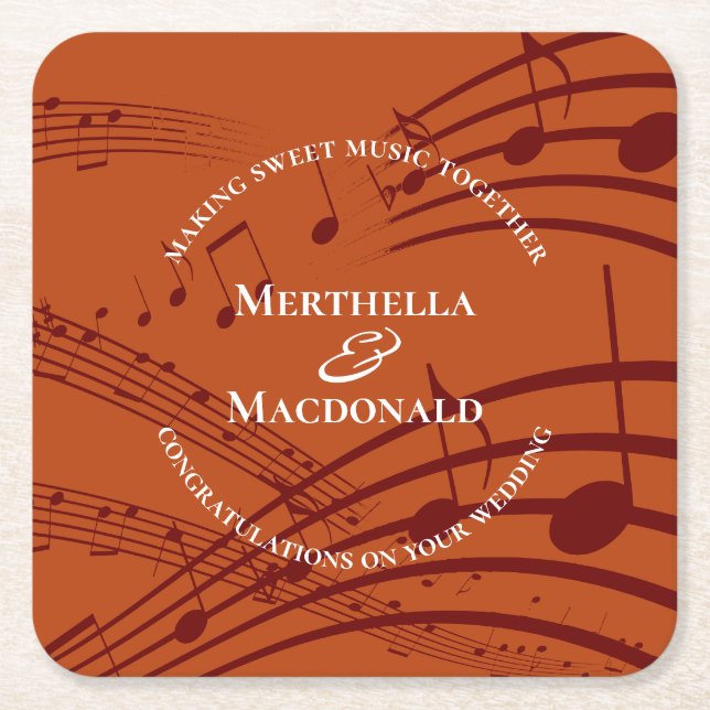 Modern Music Notes Wedding Square Paper Coaster (Front)