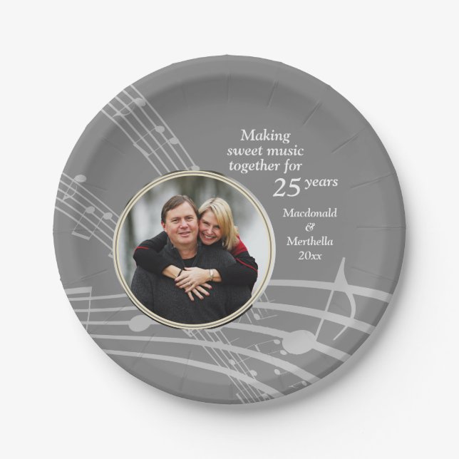 Modern MUSIC Photo 25th Silver Wedding Anniversary Paper Plates (Front)