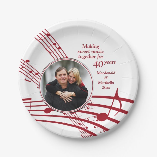 Modern MUSIC Photo 40th Ruby Wedding Anniversary Paper Plates (Front)