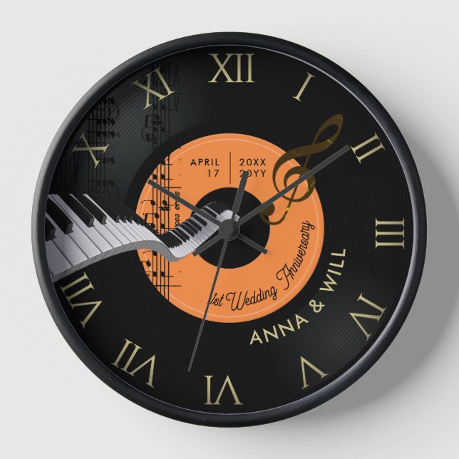 Modern Music Piano Vinyl 1st Wedding Anniversary Clock (Front)