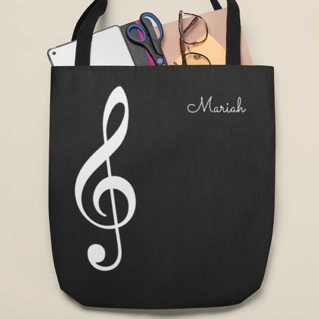 modern music treble clef on black tote bag (Creator Uploaded)