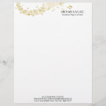 Modern Musical Business Branding Gold Music Notes Letterhead<br><div class="desc">COLOR PALETTE: White, black and a faux gold metal look. DESIGN COLLECTION: This simple yet elegant graphic design has a modern layout and a striking appearance. The swirling music bar, staff, bass clef, treble clef and various quarter, half and whole notes are rendered in a brushed gold metallic look. Perfect...</div>