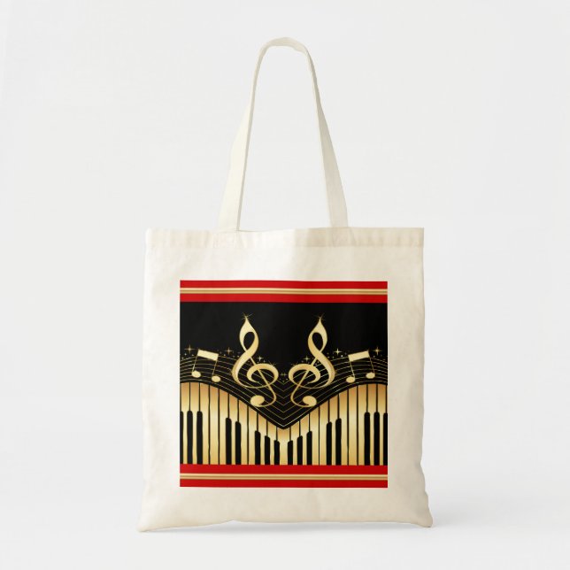 Modern Musical Gold And Black Keyboard Tote Bag (Front)