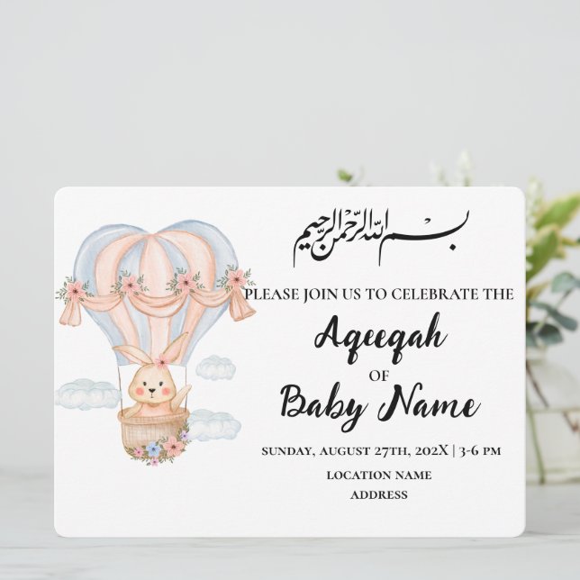 Modern Muslim Cute Girl Aqeeqah Invitation Card (Standing Front)