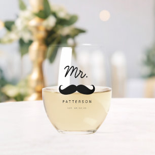 Modern Mustache Mr. Groom Wedding Stemless Wine Glass