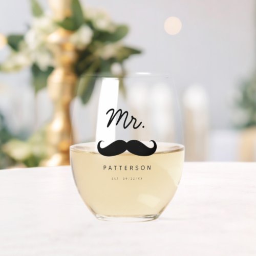 Modern Mustache Mr Groom Wedding Stemless Wine Glass