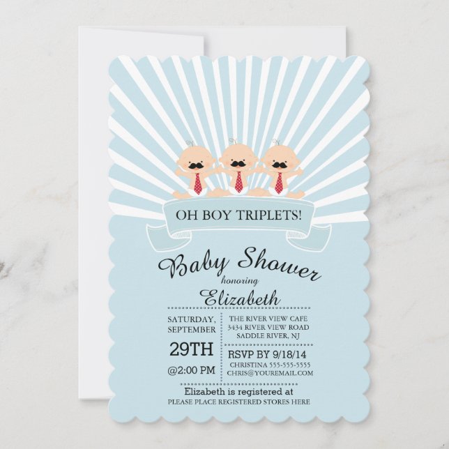 Modern Mustache Triplet Boy Baby Shower Invitation (Front)
