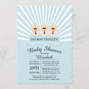 Modern Mustache Triplet Boy Baby Shower Invitation