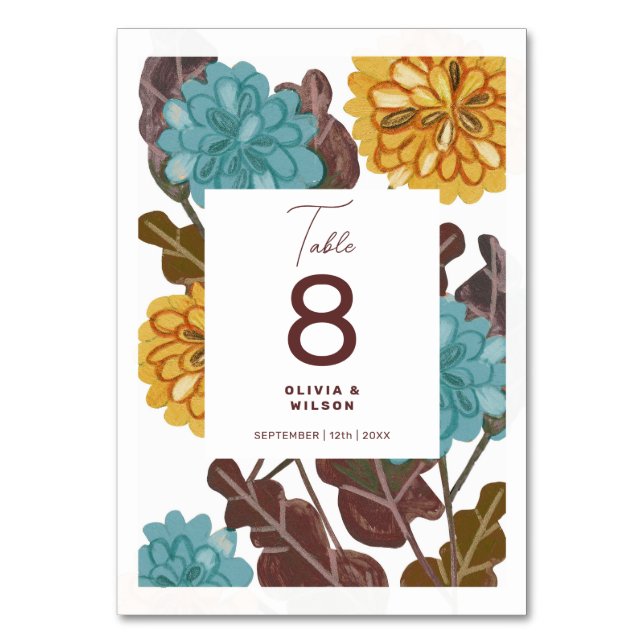 Modern Mustard Floral Wedding Table Number Card (Front)