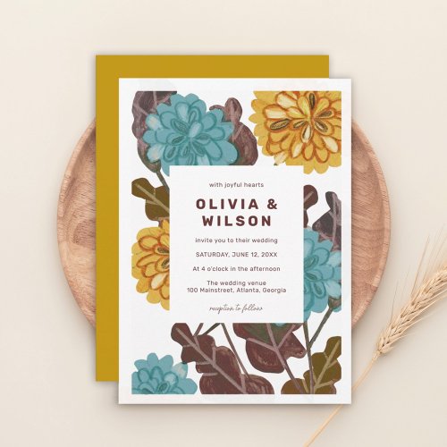 Modern mustard jewel tone floral wedding invitation