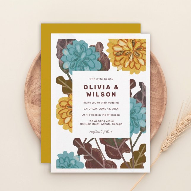 Modern mustard jewel tone floral wedding invitation (Creator Uploaded)