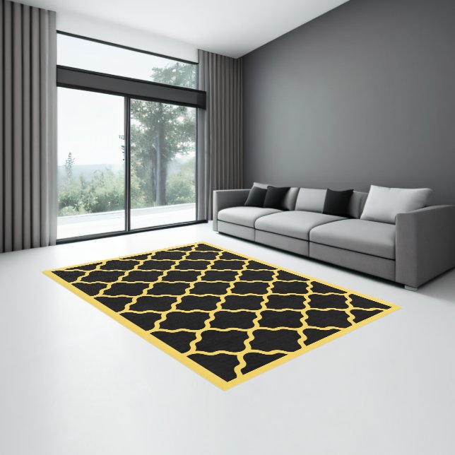  Modern Mustard Yellow Black Quatrefoil Area Rug (Insitu (Indoor 3))