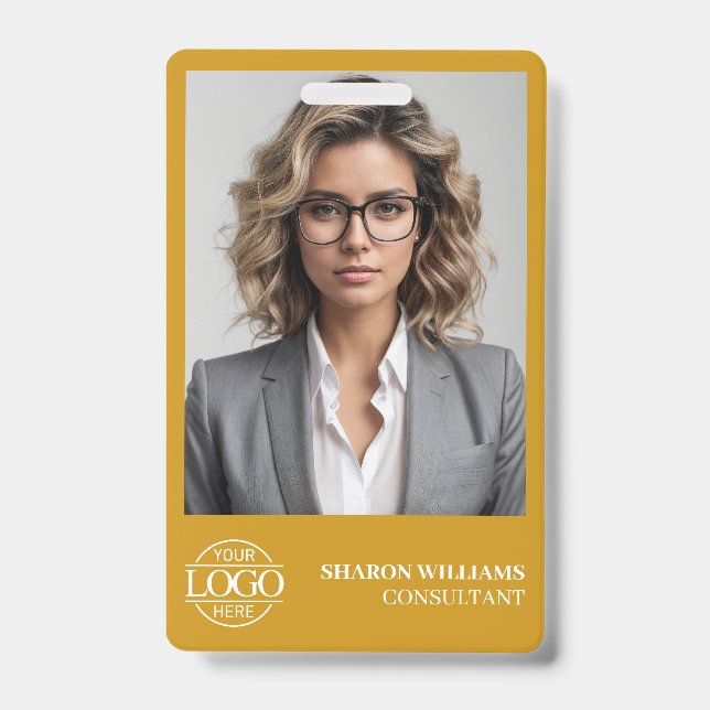 Modern Mustard Yellow Employee Photo Company Logo Badge (Front)