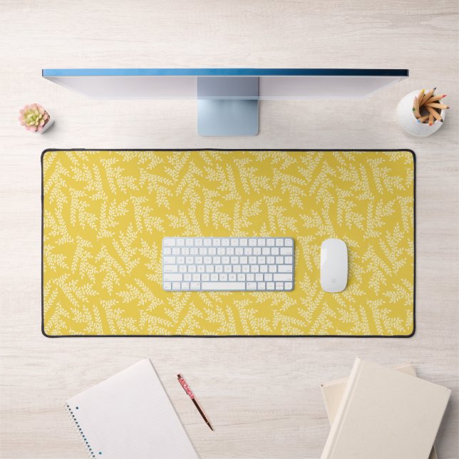 Modern Mustard Yellow Floral Leaves Pattern Desk Mat (Office 1)