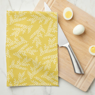 Modern Mustard Yellow Floral Leaves Pattern Kitchen Towel