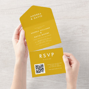 Modern Mustard Yellow Minimal QR Code RSVP Wedding All In One Invitation
