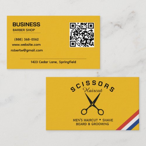 Modern Mustard Yellow QR Code Barber Shop Business Card