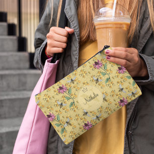 Modern Mustard Yellow Queen Bee & Flowers Monogram Accessory Pouch