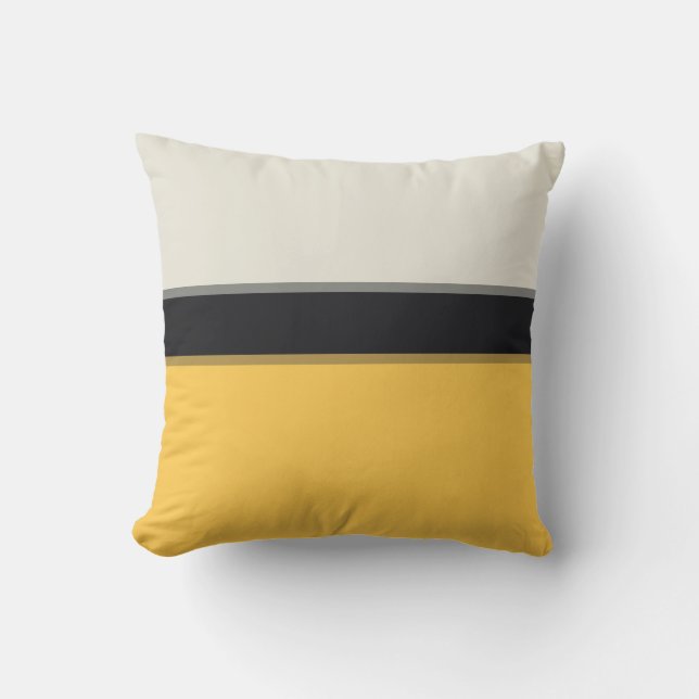 Modern Mustard Yellow Silver Gray Black Stripes Outdoor Pillow (Front)