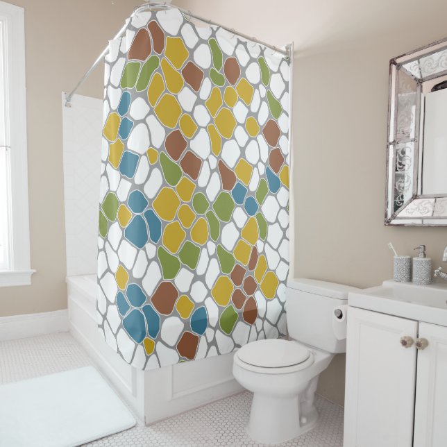 Modern, mustard yellow, teal, green, white shower curtain (In Situ)