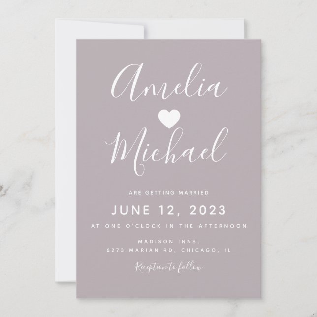 Modern Mute Purple Simple Heart Wedding Invitation (Front)
