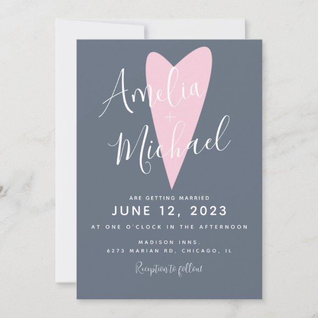 Modern Muted Blue Pink Heart Wedding Invitation (Front)