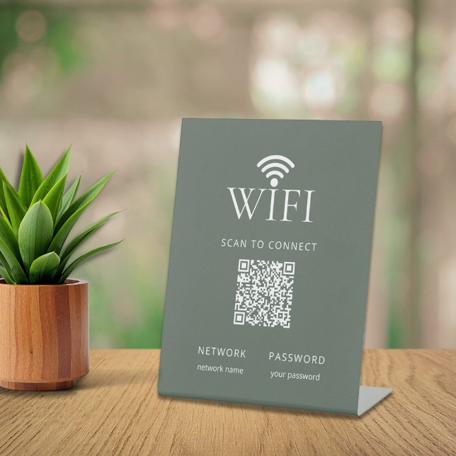 Modern Muted Green WiFi Network Password QR Code Pedestal Sign (Minimalist WiFi Network Password QR Code muted green Pedestal Sign)