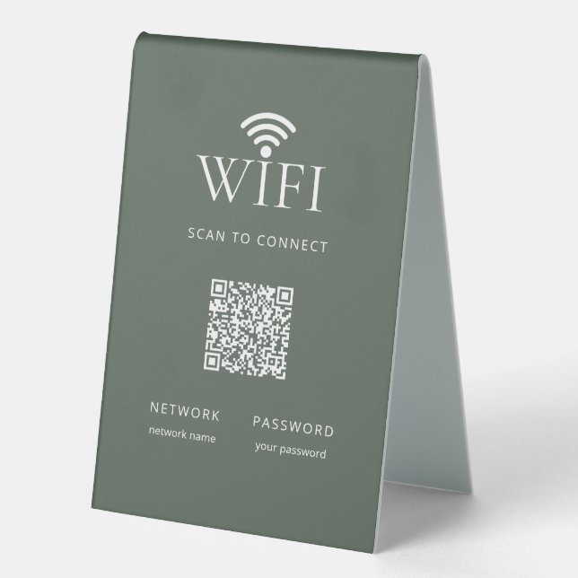 Modern Muted Green WiFi Network Password QR Code Table Tent (Front)
