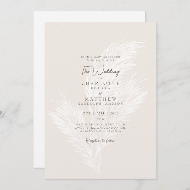 Modern Muted Pampas Neutral Bride Parent Wedding   Invitation (Front/Back)