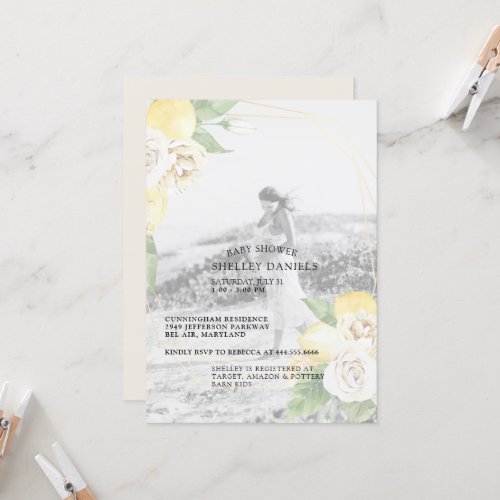 Modern Muted Photo Lemons and Floral Baby Shower I Invitation